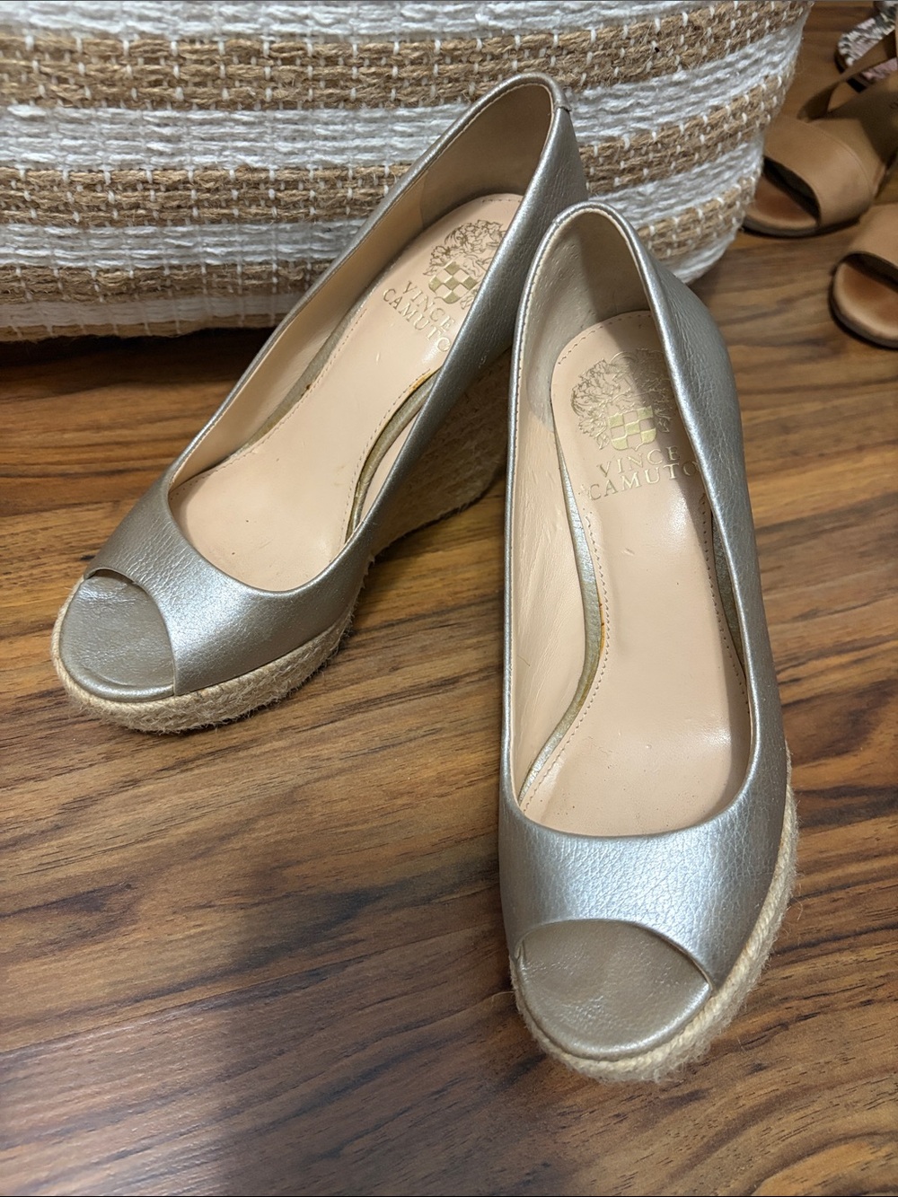 Vince Camuto Metallic Silver Espadrille Peep-Toe Wedges